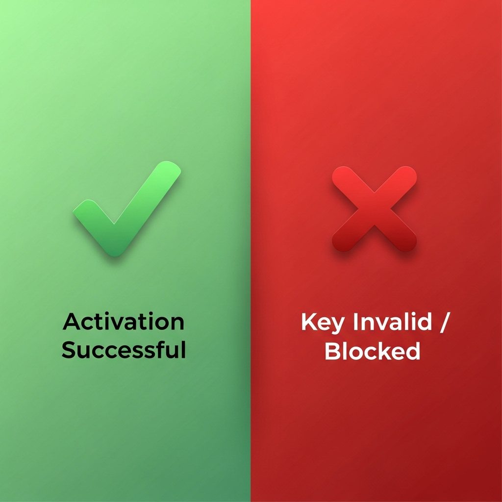 Graphic showing a software activation screen. One side shows 'Activation Successful', the other shows 'Key Invalid / Blocked'.]