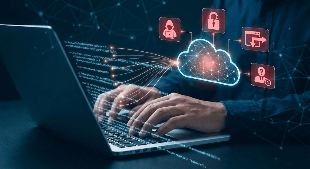 a man is typing on laptop