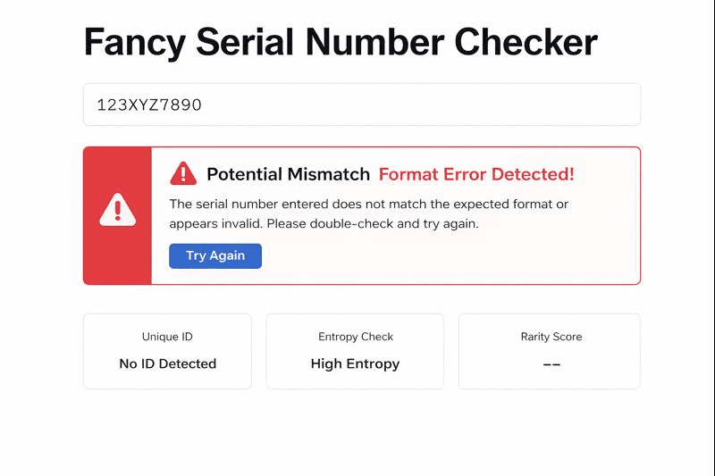 Result screen showing a "Potential Mismatch" or "Format Error" alert)
