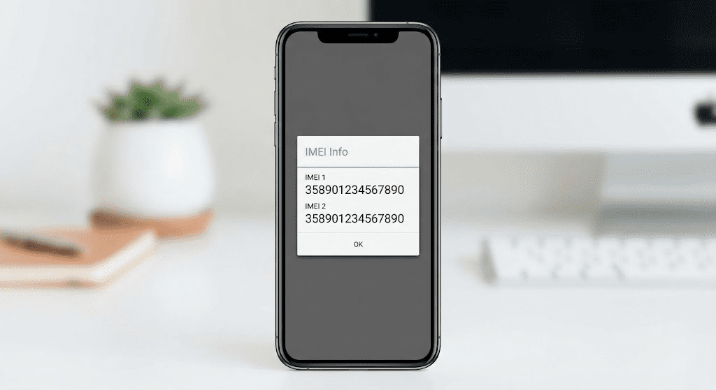 A smartphone screen showing a pop-up window displaying two 15-digit IMEI numbers after dialing a code. Placement: Inside the "What Is IMEI?" section, after the "Why IMEI Matters" sub-section.