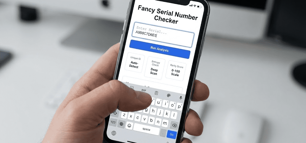 User entering an alphanumeric string into the Fancy Serial Number Checker search bar on a mobile interface)