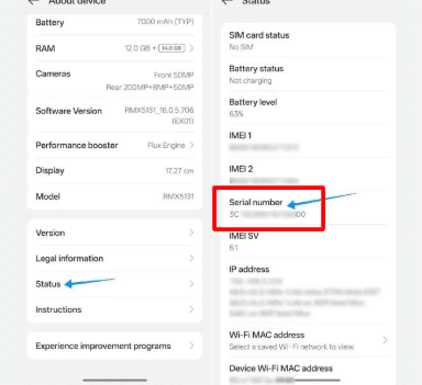 Screenshot of a smartphone's "About Phone" settings screen with the serial number field circled